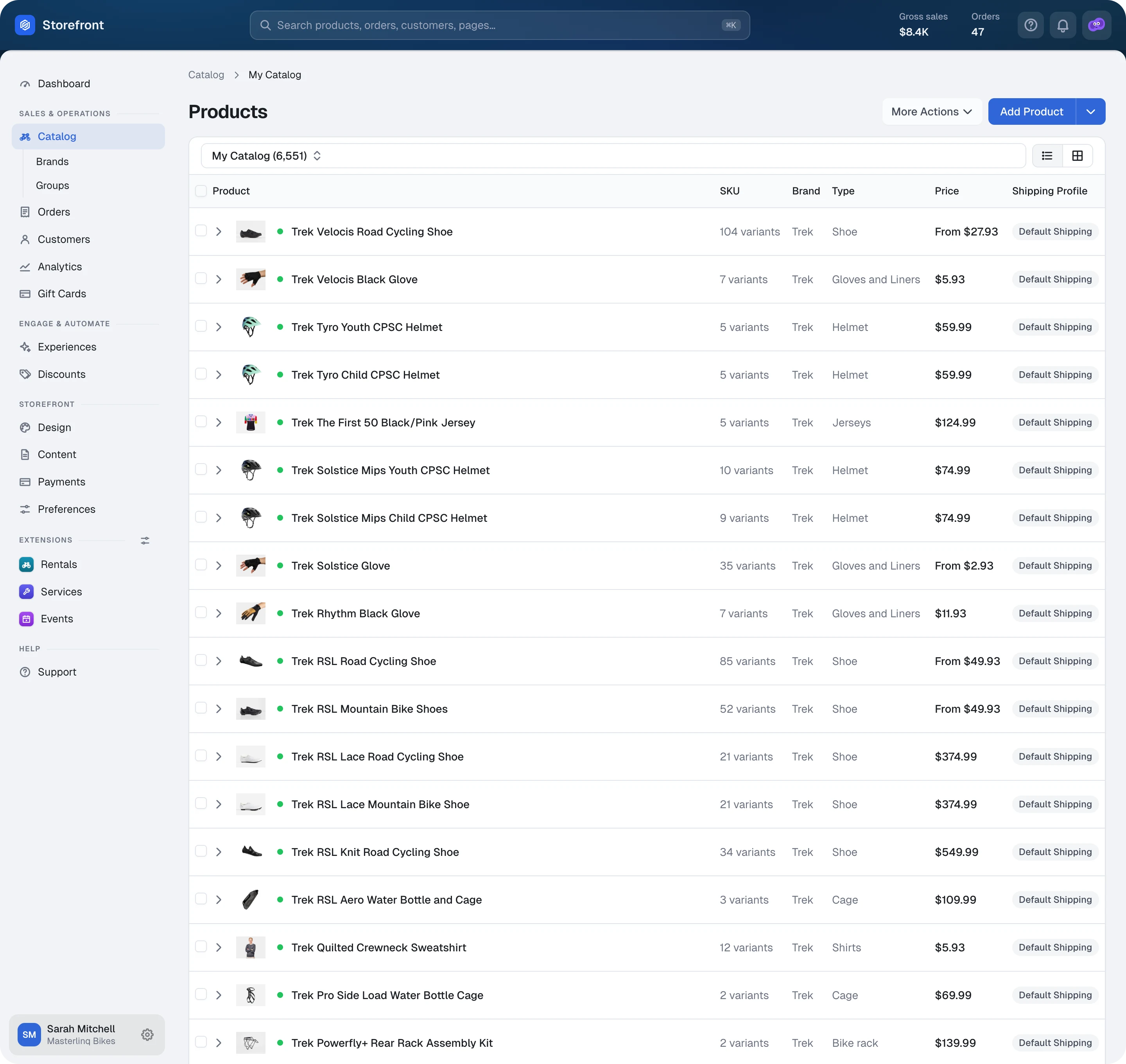 Masterlinq product catalog — every product with variants, brand, type and price