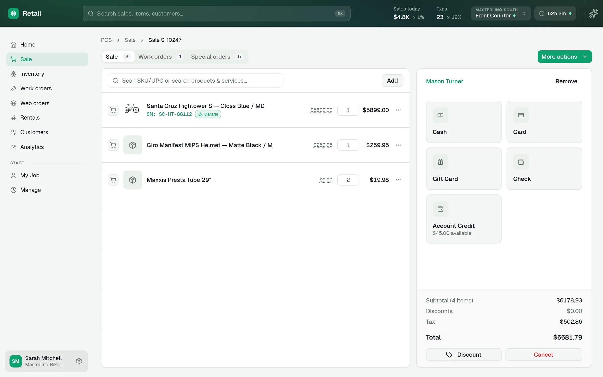 Register — cart, customer, tender panel