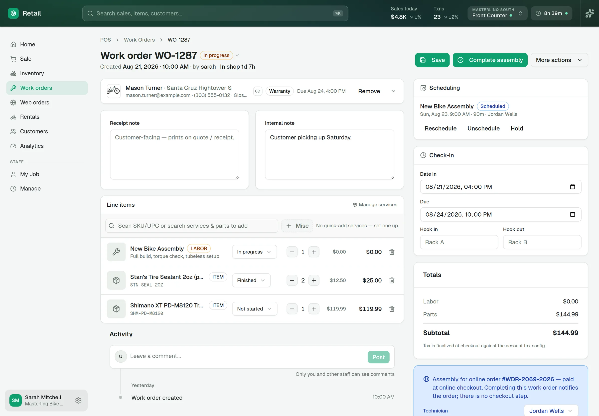 Assembly work order linked to an online order
