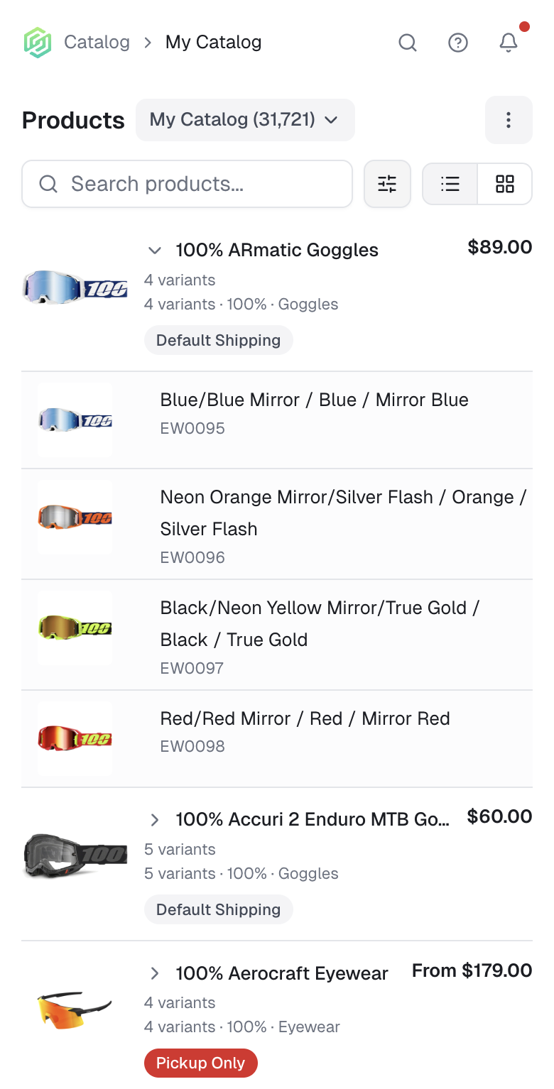Catalog grouped by variant on mobile