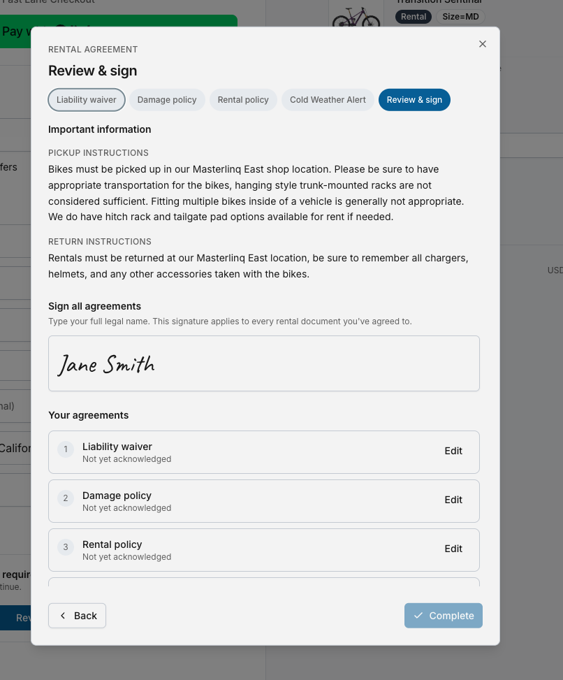 Rental sign-off step at checkout