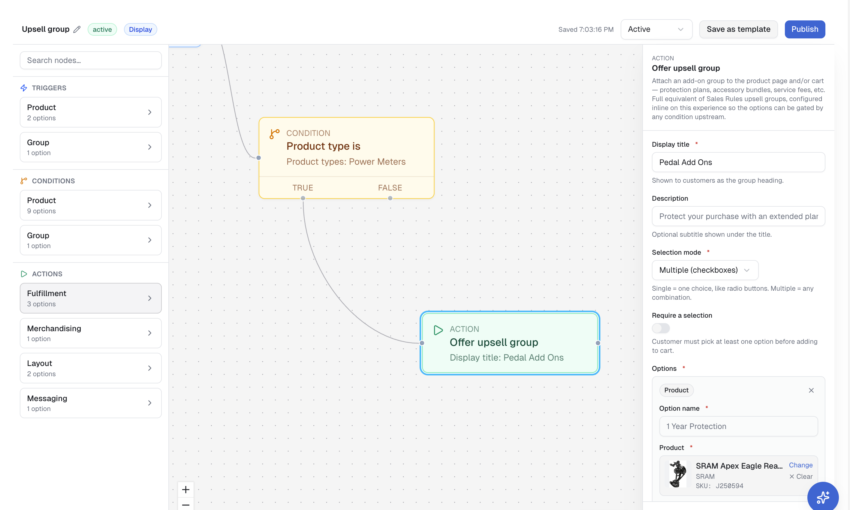 An Experience configuration for an upsell group