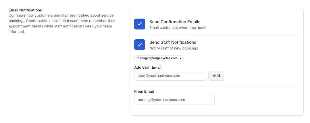 Email Notifications configuration with confirmation emails and staff notifications toggles