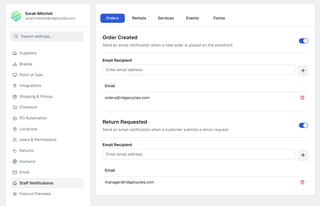Staff Notifications settings panel with Orders, Rentals, Services, Events, and Forms tabs