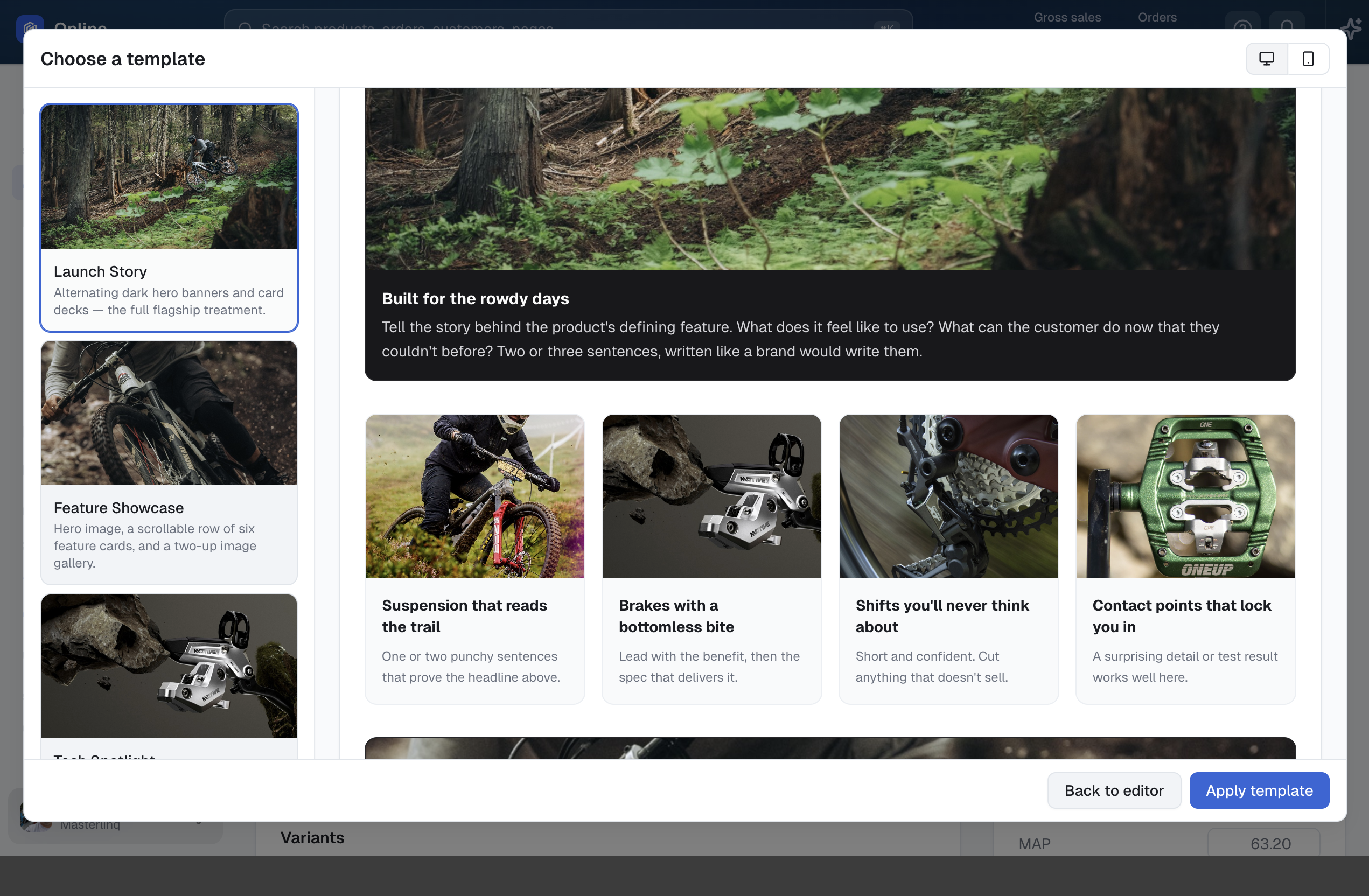 The description editor's template gallery previewing a Launch Story layout with hero banner and feature cards