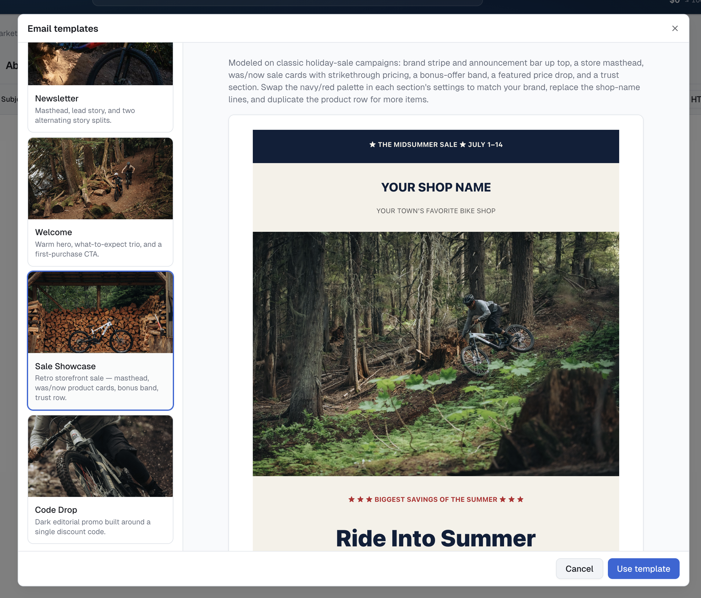 The email template gallery previewing a Sale Showcase starter template