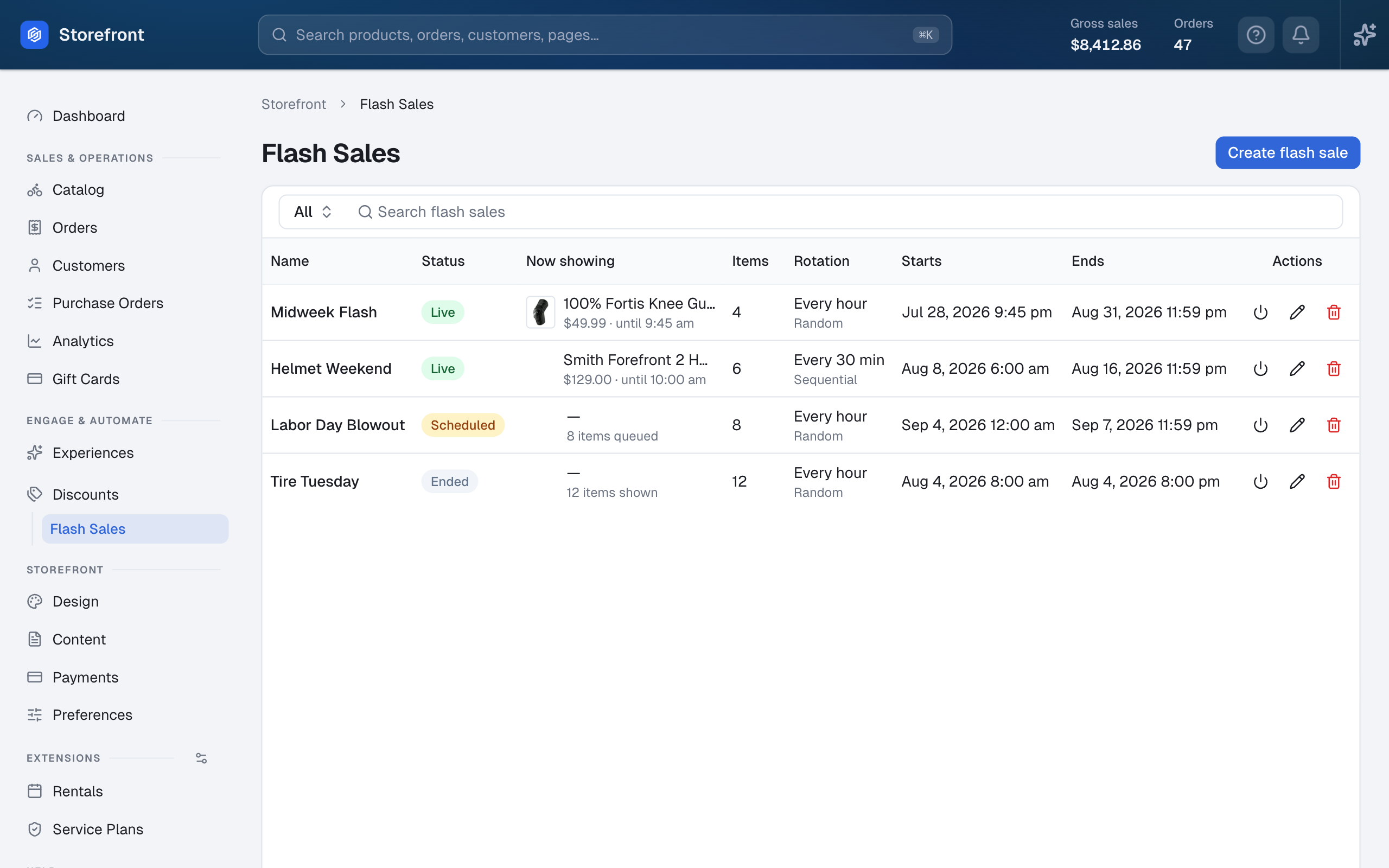 The Flash Sales list with live, scheduled, and ended sales rotating featured deals on an interval