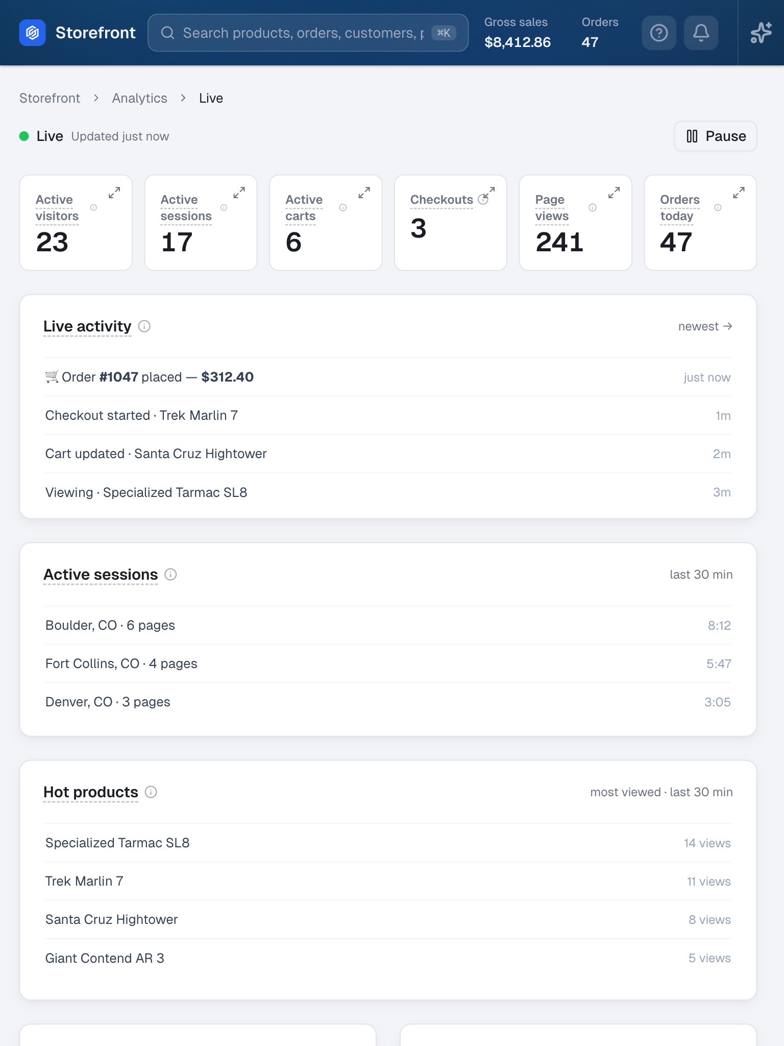 Live view on a tablet — active visitors, live activity feed, and hot products in real time