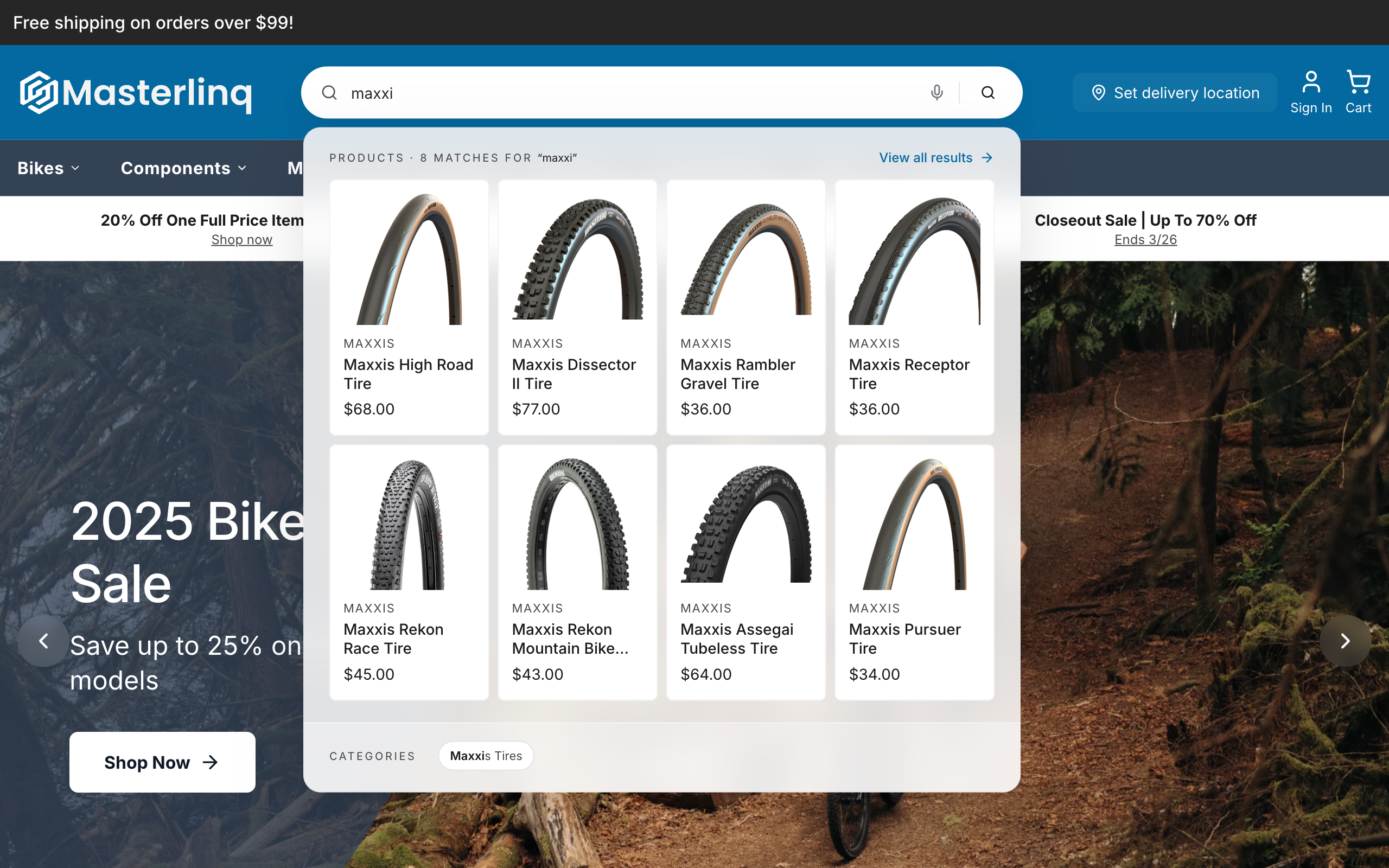 Storefront search typeahead matching mid-word, with product results, prices, and a category suggestion