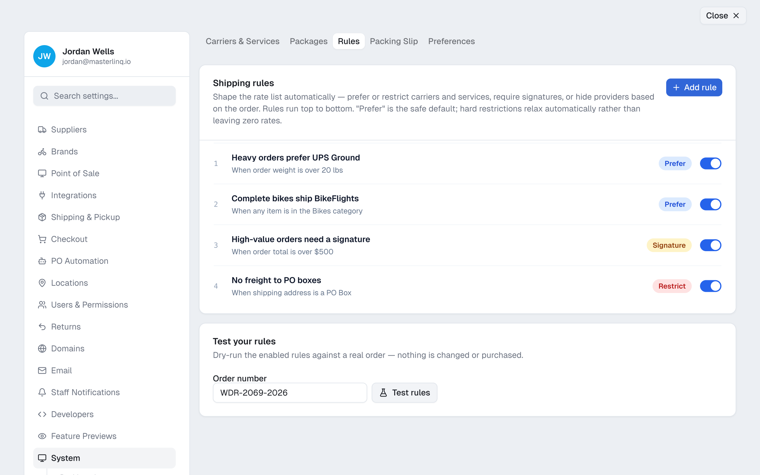 The shipping rules settings with ordered prefer, restrict, and signature rules and a dry-run tester